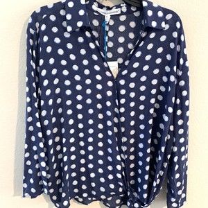 Mac Dougal & Houston Top XL Blue Polka Dot Wrap Tie Front New